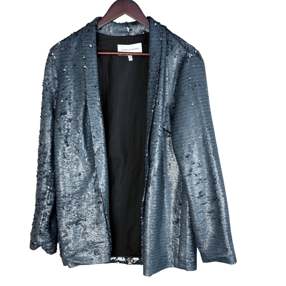cupcakes and cashmere Sequin Blazer Women M Silver Polyester Open Front